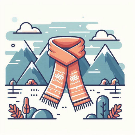Vector illustration of winter scarf and hat on the background of mountains.のイラスト素材