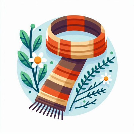 Warm knitted scarf with flowers and leaves. Vector illustration.のイラスト素材