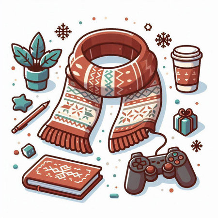 Vector illustration of a scarf with a knitted pattern, a mug of coffee and a gamepad.のイラスト素材