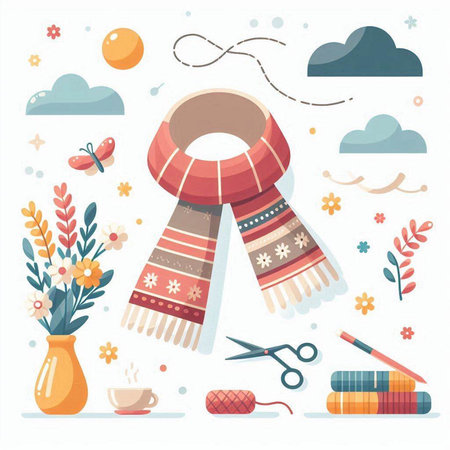 Flat design vector illustration concept of winter season. Seasonal decoration with knitted scarf, woolen plaid, scissors, flowers in vase.のイラスト素材