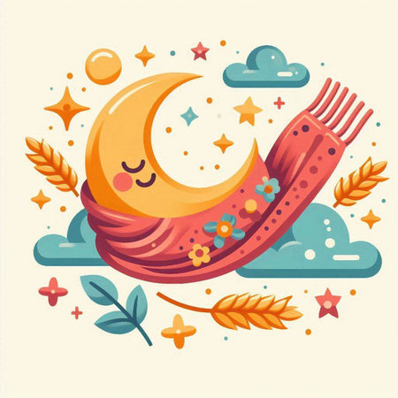 Cute cartoon illustration with moon, stars and clouds. Vector illustration.のイラスト素材