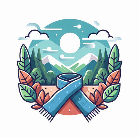 Blue ribbon in the mountains. Vector illustration in flat linear style.のイラスト素材