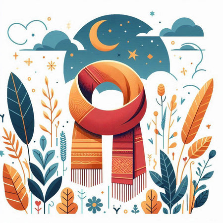 Vector illustration with scarf, moon and flowers. Hand drawn style.のイラスト素材