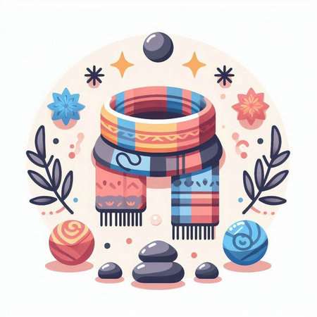 Cute vector illustration of a round composition with a knitted scarf, pebbles, anise stars, anemones, balls and branches.のイラスト素材