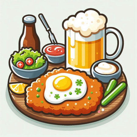 Illustration of a wooden plate with a fried egg and beer.のイラスト素材