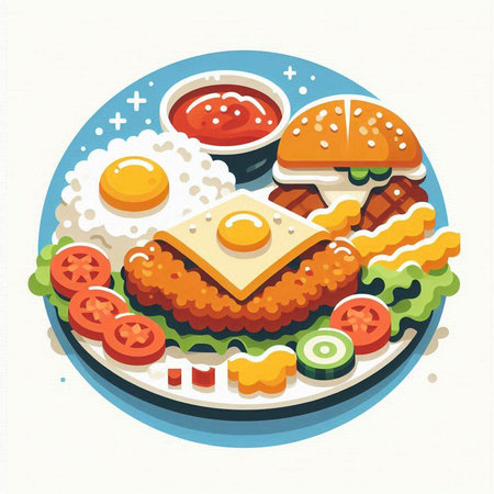 Fast food. Vector illustration of a hamburger with fried eggs and vegetables.のイラスト素材