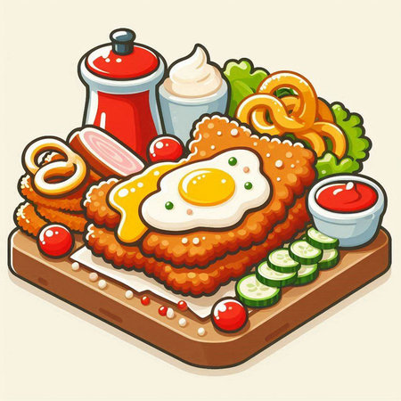 Illustration of a Fried Egg with Sausage and Vegetablesのイラスト素材