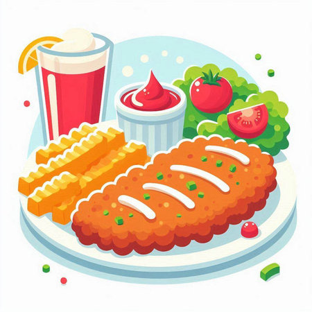 Illustration of fried chicken fillet with french fries and tomato juiceのイラスト素材