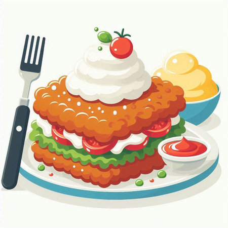 Illustration of a tomato cake with cream and mayonnaise on a plateのイラスト素材