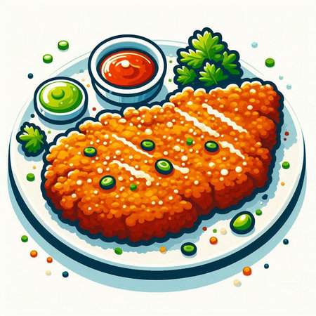 Illustration of fried fish fillet with soy sauce and parsleyのイラスト素材