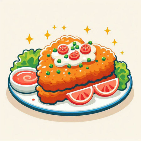 Illustration of a plate of fish cake with tomato sauce and lettuceのイラスト素材