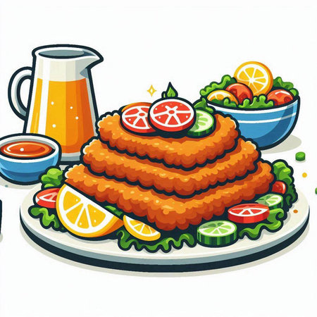 Illustration of a plate of fish cake with lemon and tomato sauceのイラスト素材