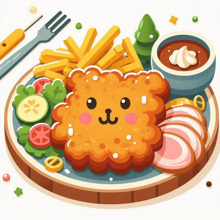 Illustration of a Cute Fried Chicken with French Fries and Saladのイラスト素材