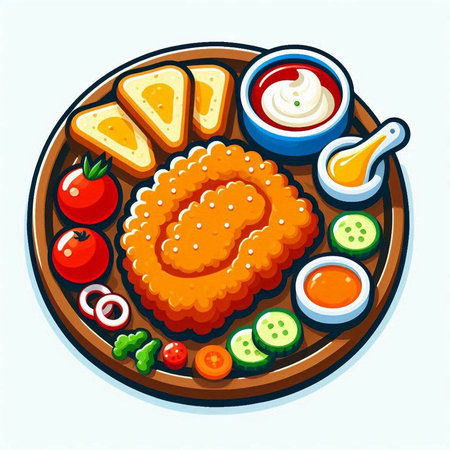 Illustration of chicken nuggets with sauce and vegetables on wooden plateのイラスト素材