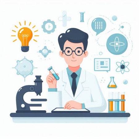 Scientist working with microscope and test tubes. Vector illustration in flat styleのイラスト素材