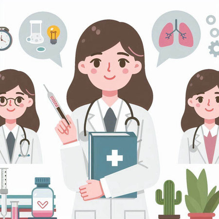 Illustration of a female doctor holding a syringe and a clipboardのイラスト素材