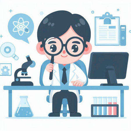 Cute little boy working in the lab. Vector cartoon illustration.のイラスト素材