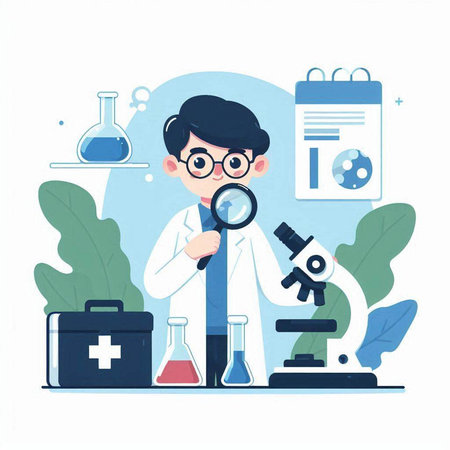 Scientist working in laboratory with microscope, test tubes and medical equipment. Flat vector illustration.のイラスト素材