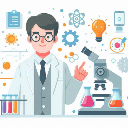 Scientist man working in laboratory. Vector illustration in flat style.のイラスト素材