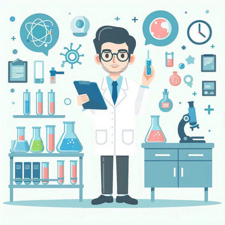 Scientist in the laboratory. Flat style vector illustration. Cartoon character.のイラスト素材