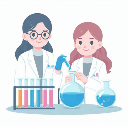 Illustration of a girl and a woman scientist in a laboratory.のイラスト素材