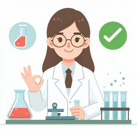 Scientist woman working in laboratory. Vector illustration in flat style.のイラスト素材