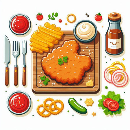 Illustration of a set of different types of fried chicken with sauces.のイラスト素材