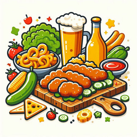 Illustration of fried chicken nuggets with beer and vegetables on white backgroundのイラスト素材