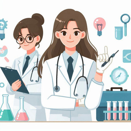Female doctor and nurse with stethoscope holding clipboard. Vector illustration.のイラスト素材