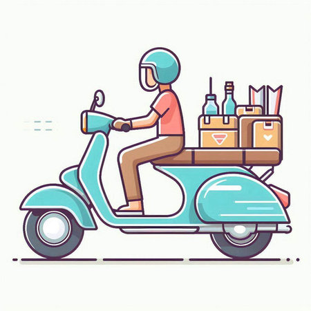 Courier on scooter with boxes. Vector illustration in flat styleのイラスト素材