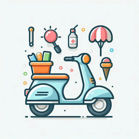 Colorful scooter with food, ice cream, ice cream. Vector illustration.のイラスト素材
