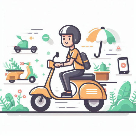 Vector illustration of man in helmet riding scooter. Flat style design.のイラスト素材