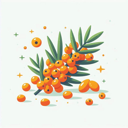 Sea buckthorn berries with leaves and berries. Vector illustration.のイラスト素材