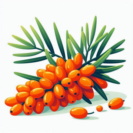 Sea buckthorn branch with berries and leaves. Vector illustration.のイラスト素材