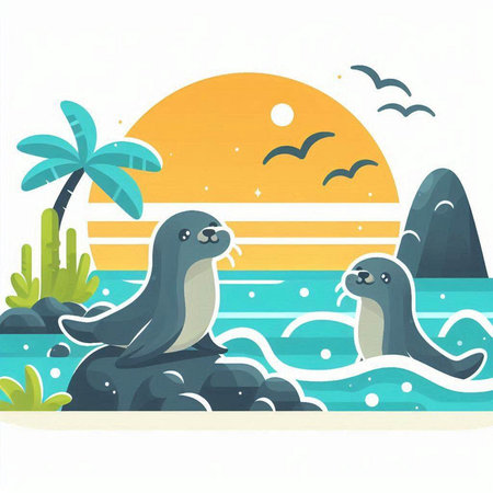 Seals on the seashore. Vector illustration in flat styleのイラスト素材