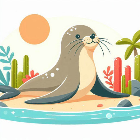 Cute seal on the beach. Vector illustration in cartoon style.のイラスト素材