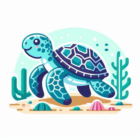 Cute cartoon sea turtle on the beach. Vector flat illustration.のイラスト素材