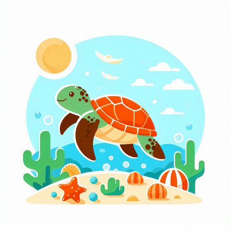 Cute cartoon sea turtle on the beach. Vector illustration in flat styleのイラスト素材
