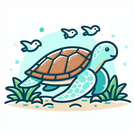 Turtle in the ocean. Cute cartoon character. Vector illustration.のイラスト素材