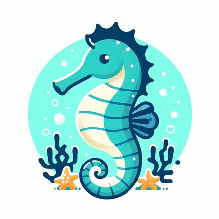 Sea horse, starfish and seaweed. Flat vector illustration.のイラスト素材