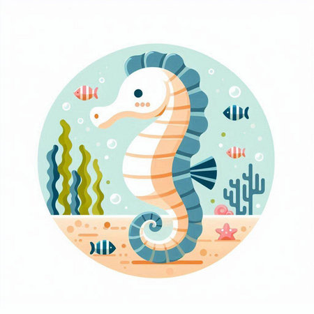 Cute seahorse in the sea. Vector illustration in flat style.のイラスト素材