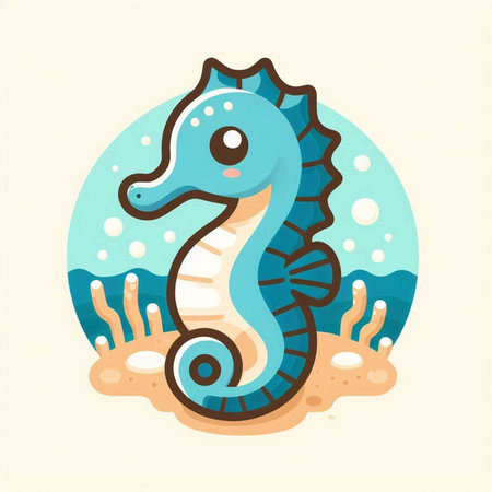 Cute cartoon seahorse on the sand. Vector illustration.のイラスト素材