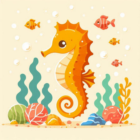 Sea horse and coral. Underwater world. Cartoon vector illustration.のイラスト素材