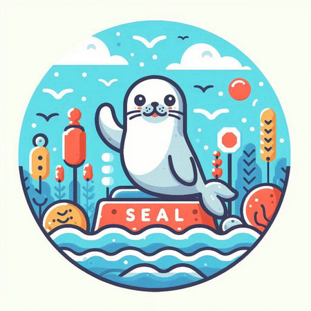 Sea seal on the seashore. Vector illustration in flat styleのイラスト素材