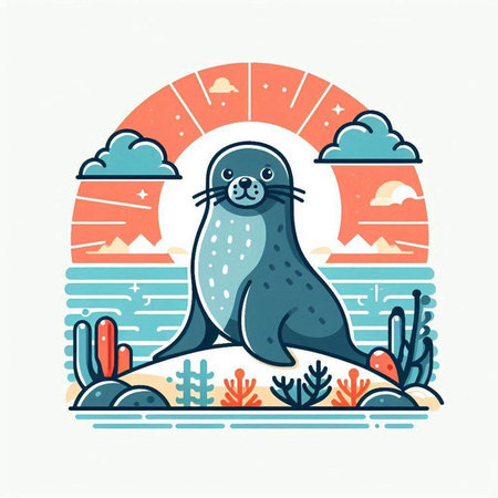 Cute seal on the seashore. Vector illustration in flat style.のイラスト素材