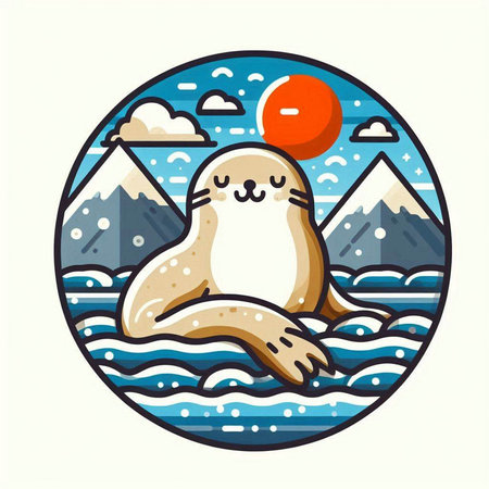 Cute seal on the sea. Vector illustration in flat style.のイラスト素材