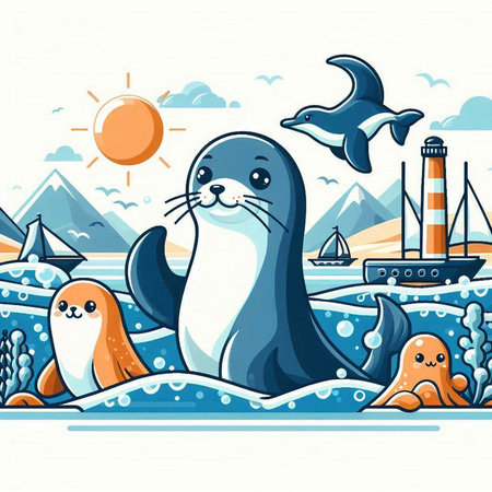 Cute seal on the seashore. Vector illustration in cartoon style.のイラスト素材