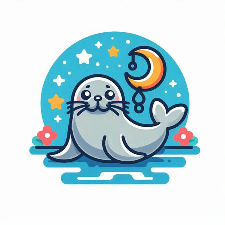 Cute seal with moon and stars. Vector illustration in cartoon style.のイラスト素材