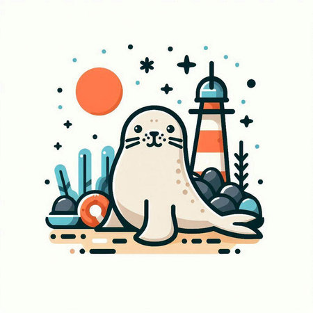 Cute seal with sushi, sea food and lighthouse. Vector illustration.のイラスト素材