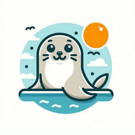 Cute seal in the sea. Vector illustration in flat style.のイラスト素材
